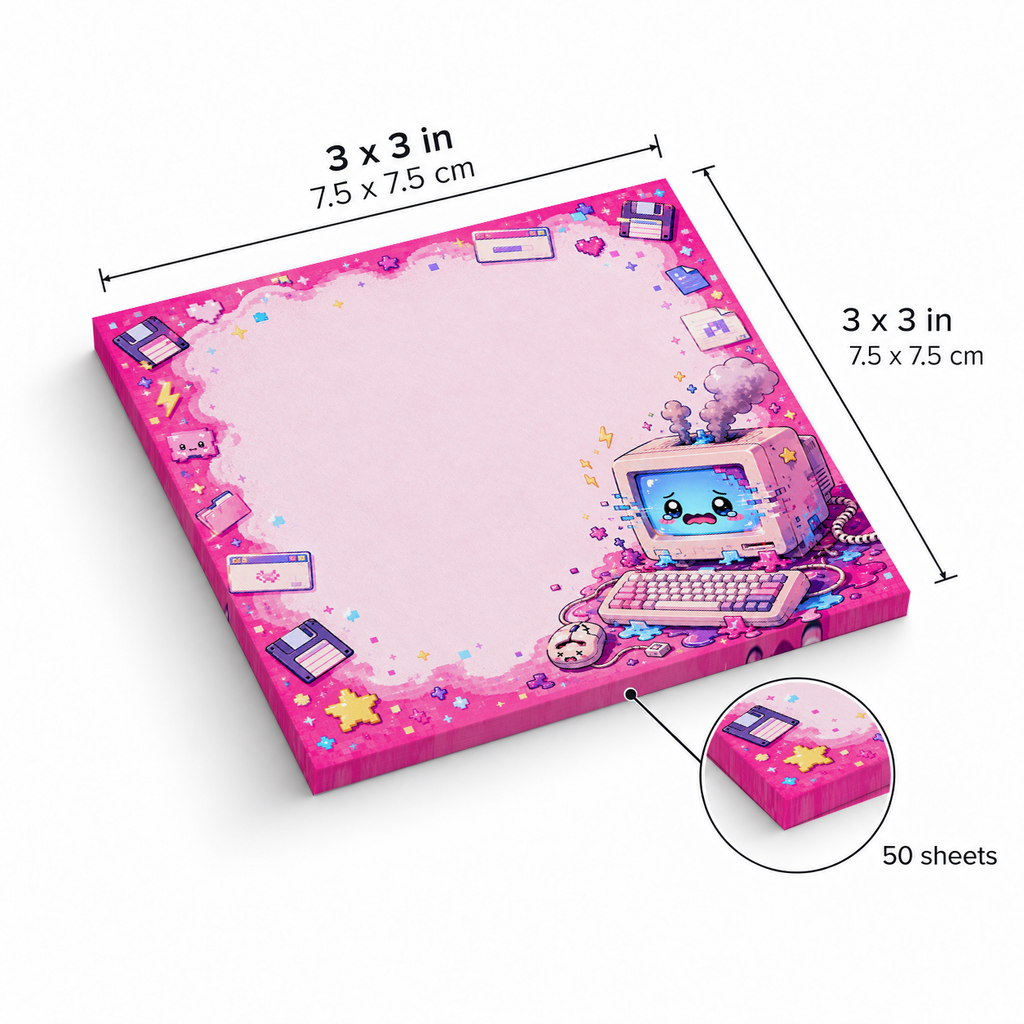 Pink Glitch Computer Kawaii sticky notes, 3x3 in (7.5 x 7.5 cm), 50 sheets