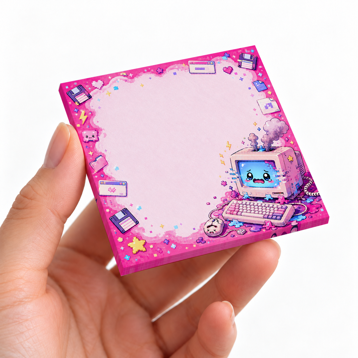 Pink Glitch Computer Kawaii sticky note pad on a desk with stationery