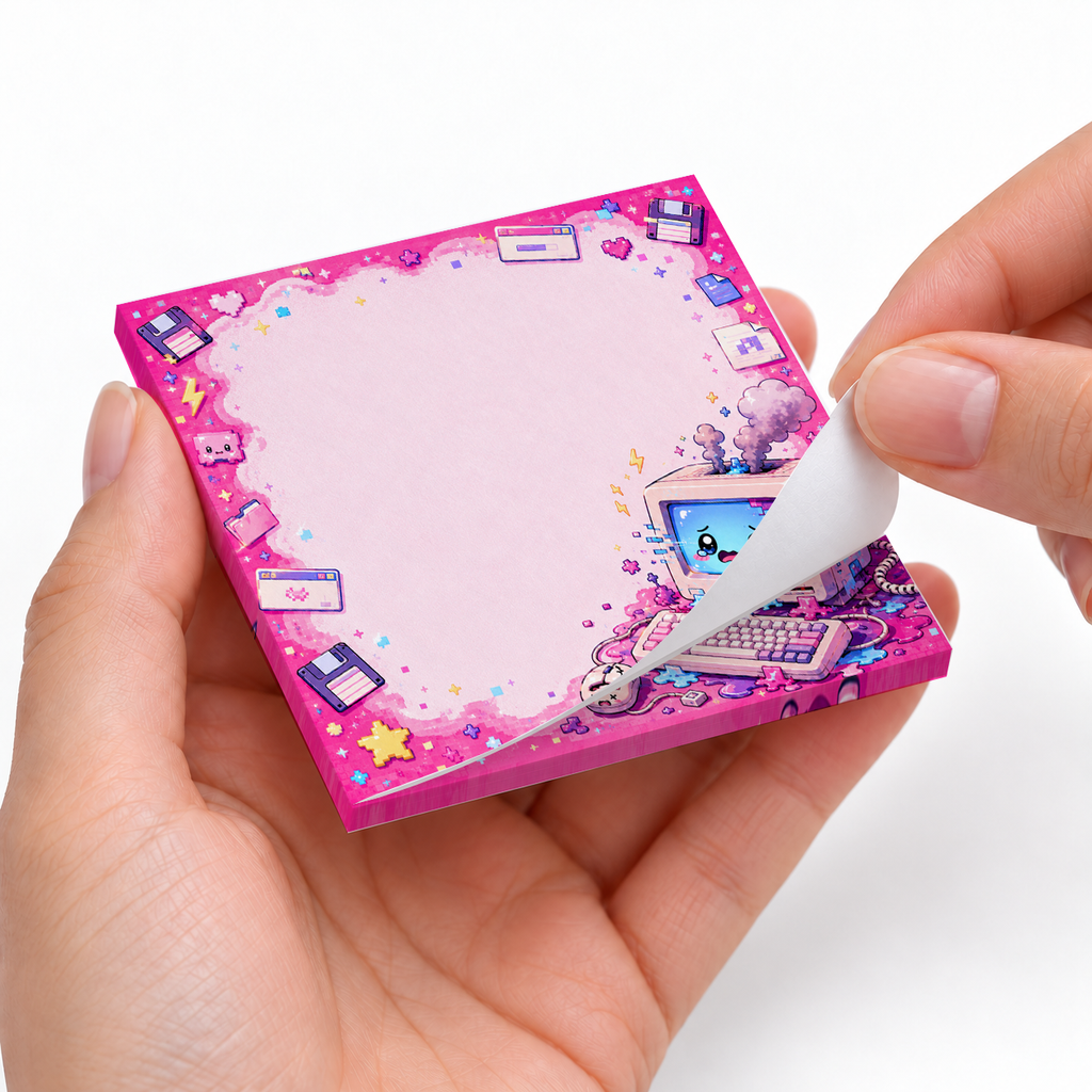 Pink Glitch Computer Kawaii sticky notes styled with a planner and desk accessories