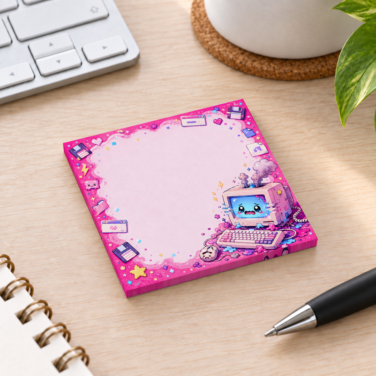 Close-up of Pink Glitch Computer Kawaii sticky note design and writable area