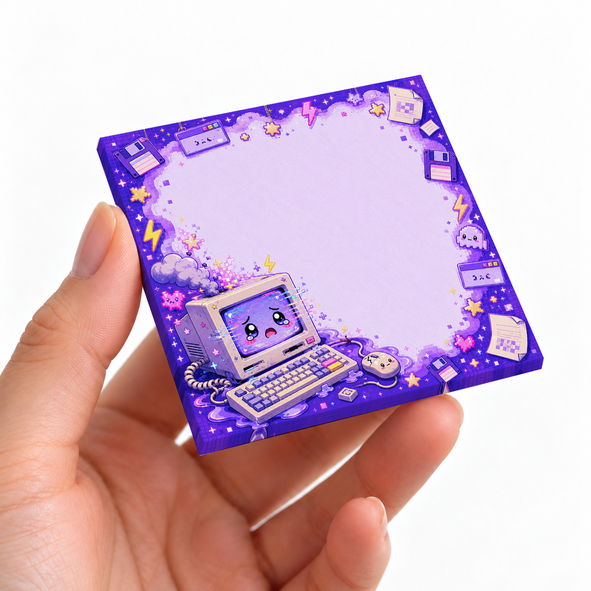 Purple Pixel Art Retro PC sticky note pad on a desk with stationery