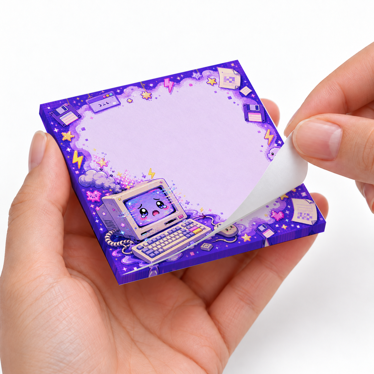 Purple Pixel Art Retro PC sticky notes styled with a planner and desk accessories