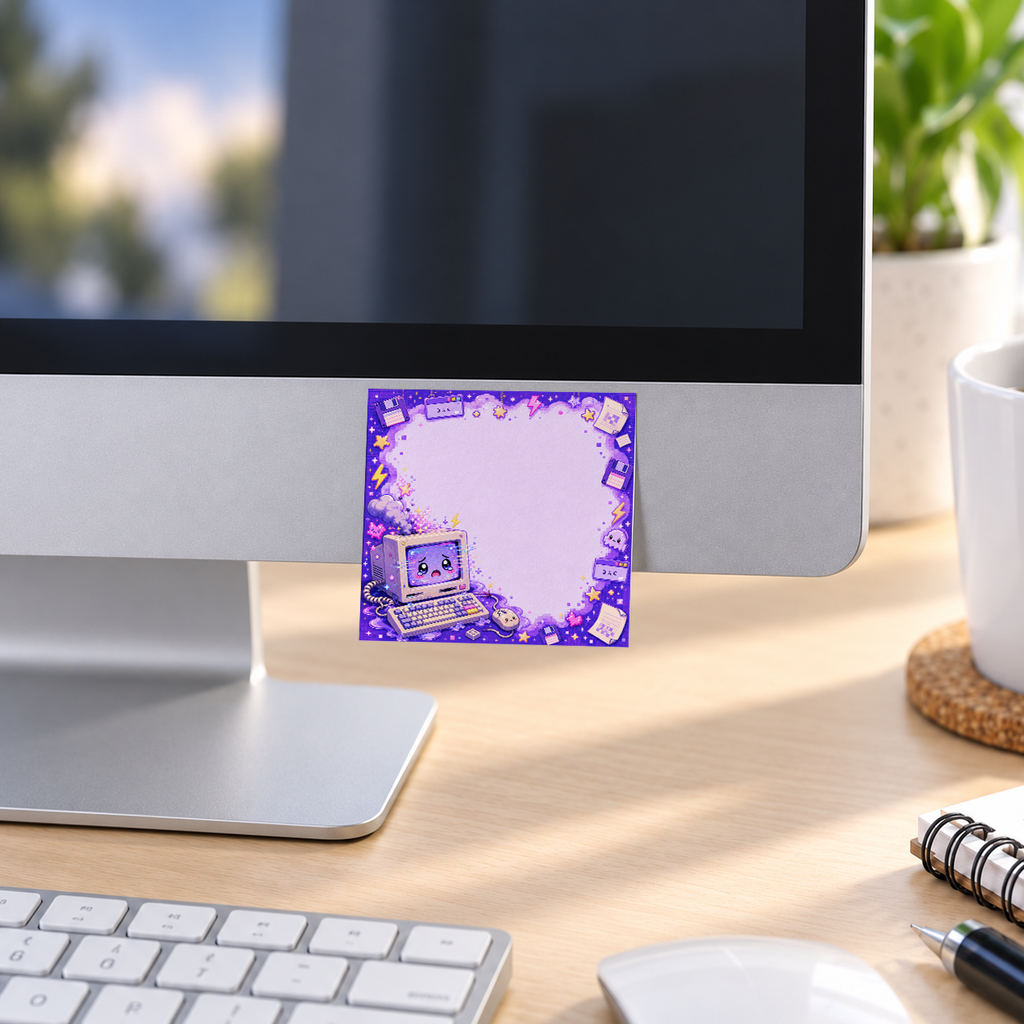 Purple Pixel Art Retro PC memo pad in an office or home workspace