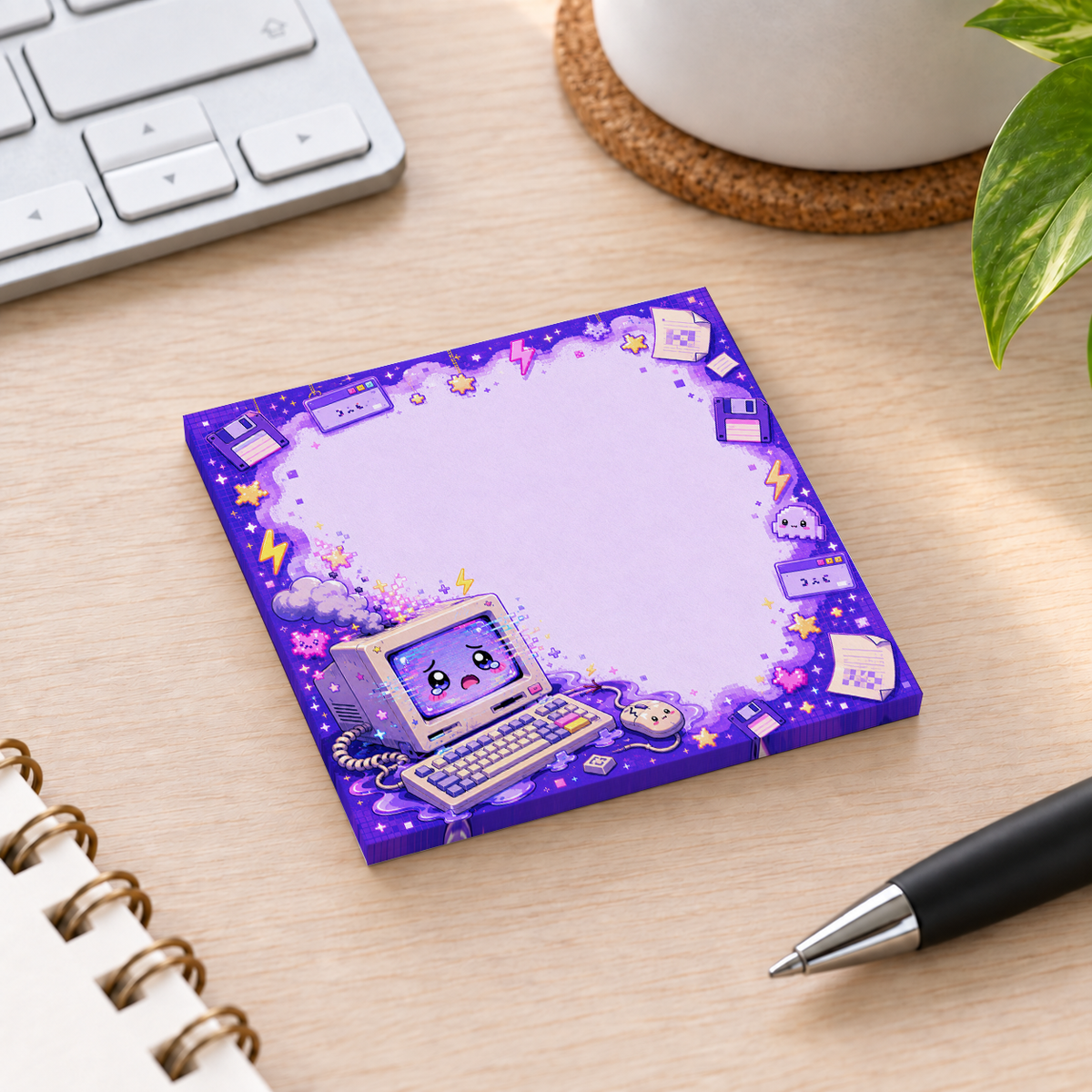 Close-up of Purple Pixel Art Retro PC sticky note design and writable area