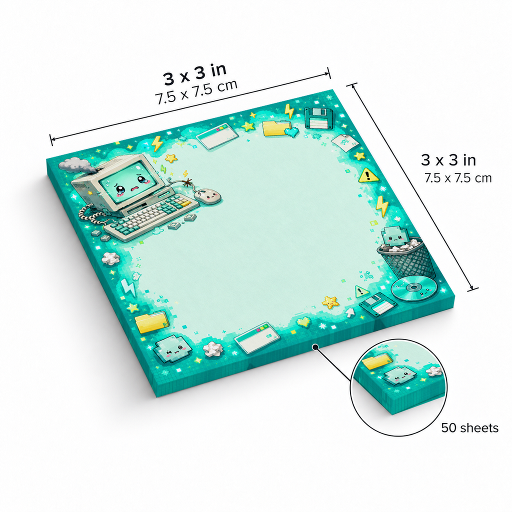 Mint Green Tech Crash Kawaii sticky notes, 3x3 in (7.5 x 7.5 cm), 50 sheets