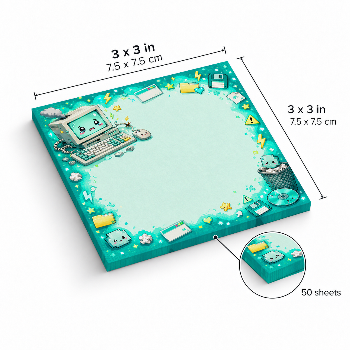 Mint Green Tech Crash Kawaii sticky notes, 3x3 in (7.5 x 7.5 cm), 50 sheets
