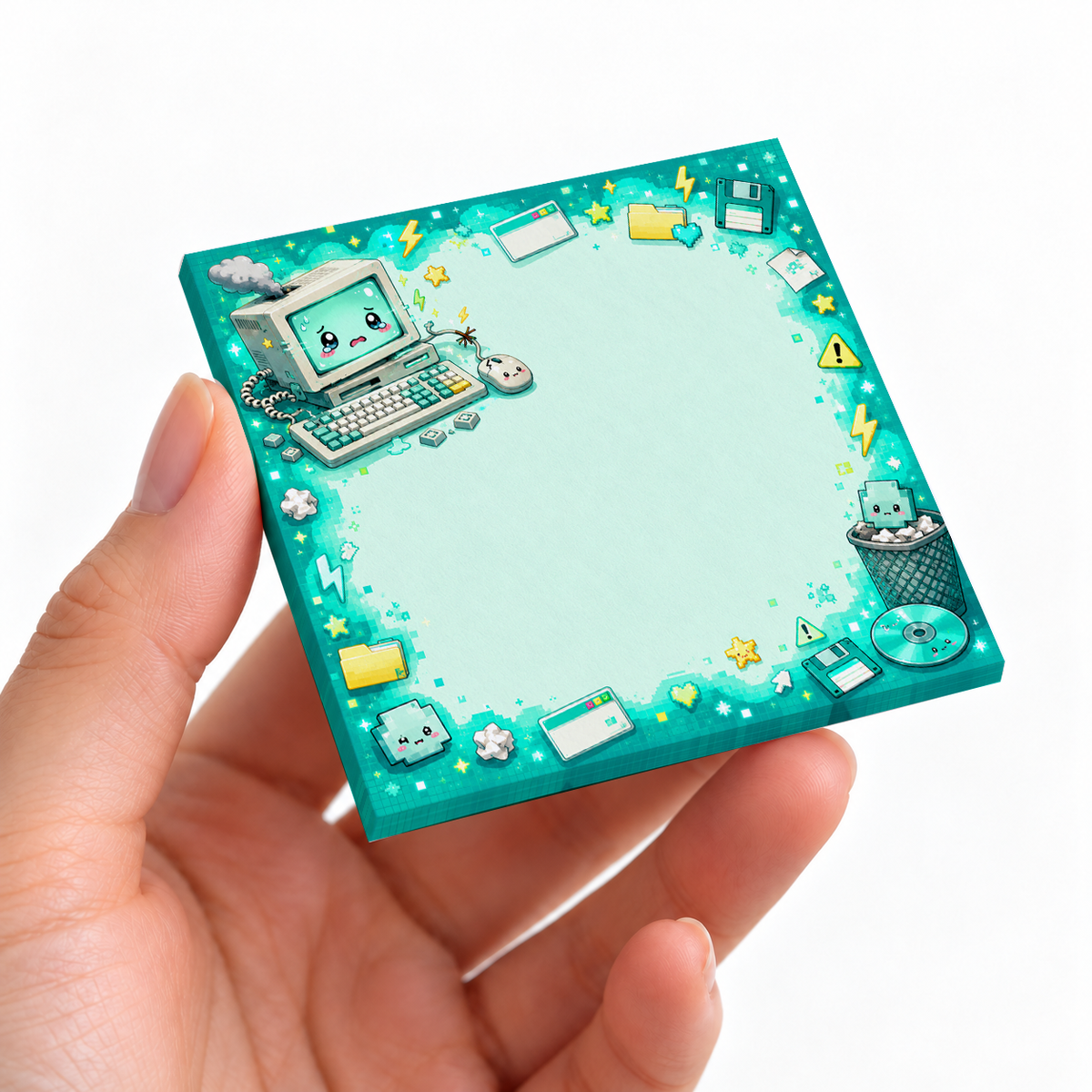 Mint Green Tech Crash Kawaii sticky note pad on a desk with stationery