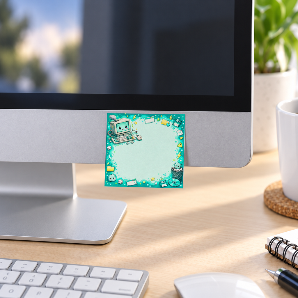 Mint Green Tech Crash Kawaii memo pad in an office or home workspace