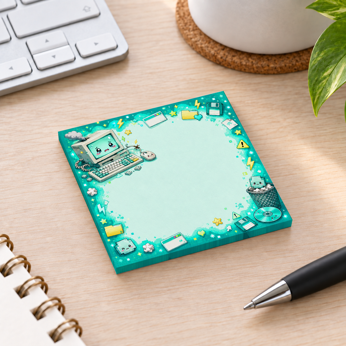Close-up of Mint Green Tech Crash Kawaii sticky note design and writable area