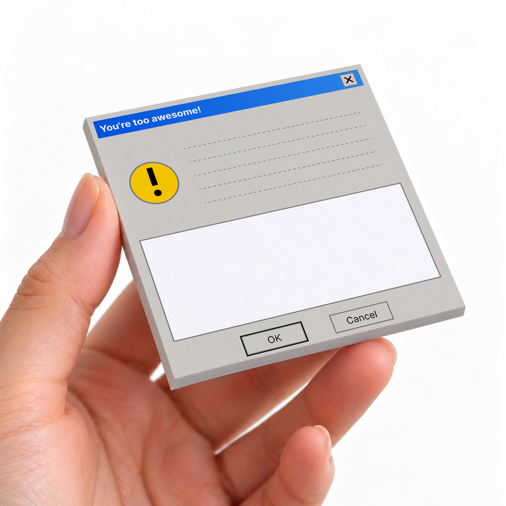 Too Awesome Alert Popup sticky note pad on a desk with stationery