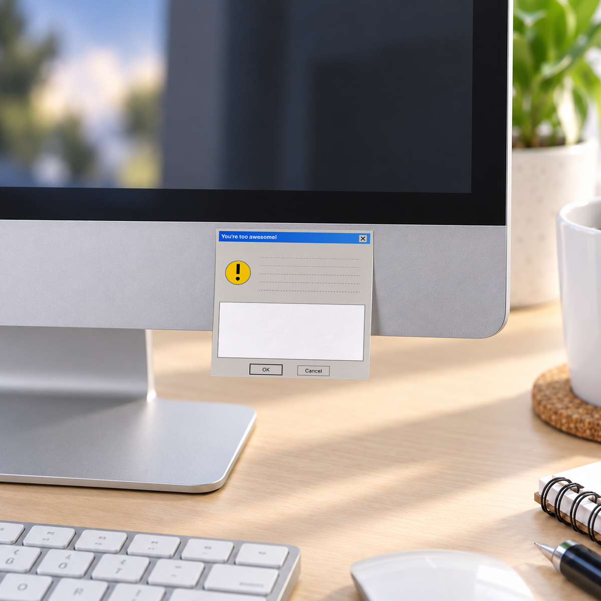 Too Awesome Alert Popup memo pad in an office or home workspace