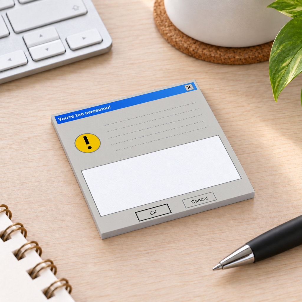 Close-up of Too Awesome Alert Popup sticky note design and writable area