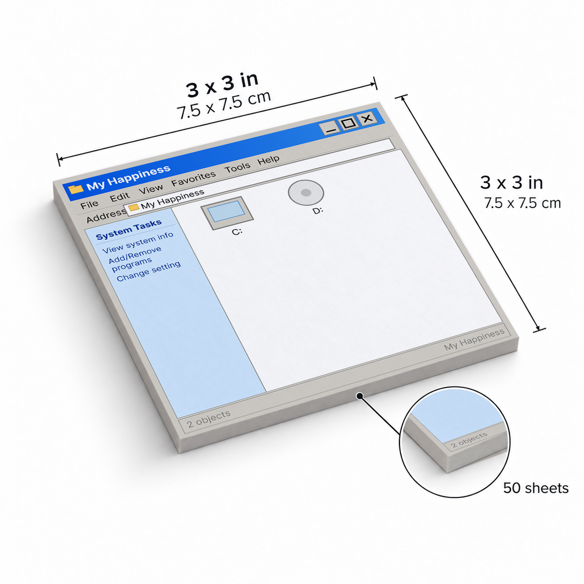Vintage File Explorer System sticky notes, 3x3 in (7.5 x 7.5 cm), 50 sheets