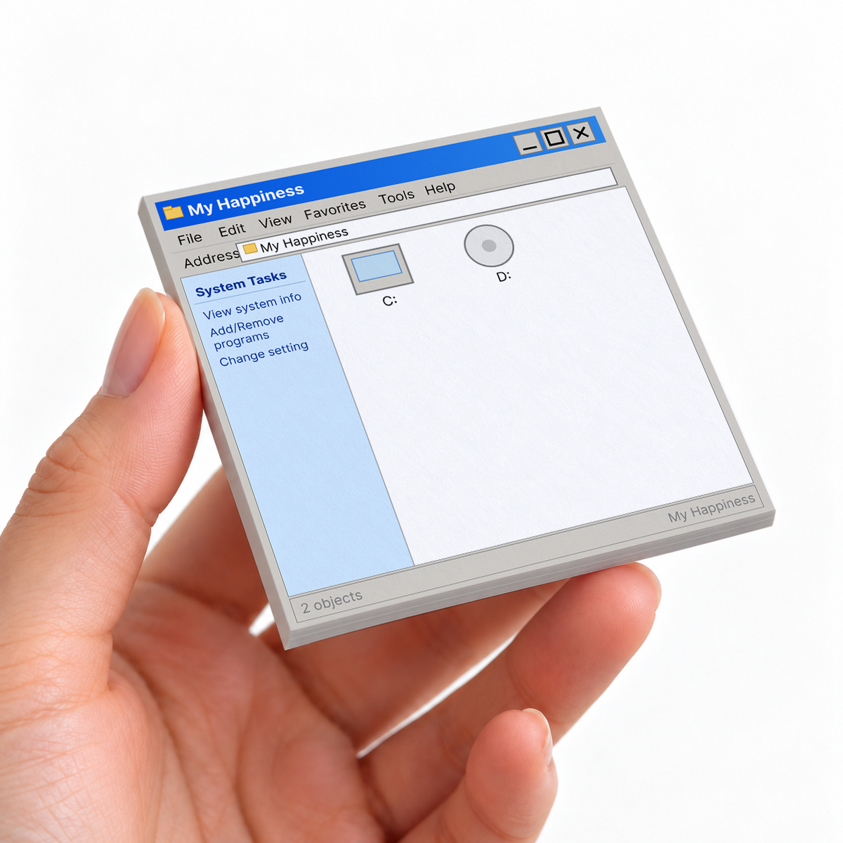 Vintage File Explorer System sticky note pad on a desk with stationery