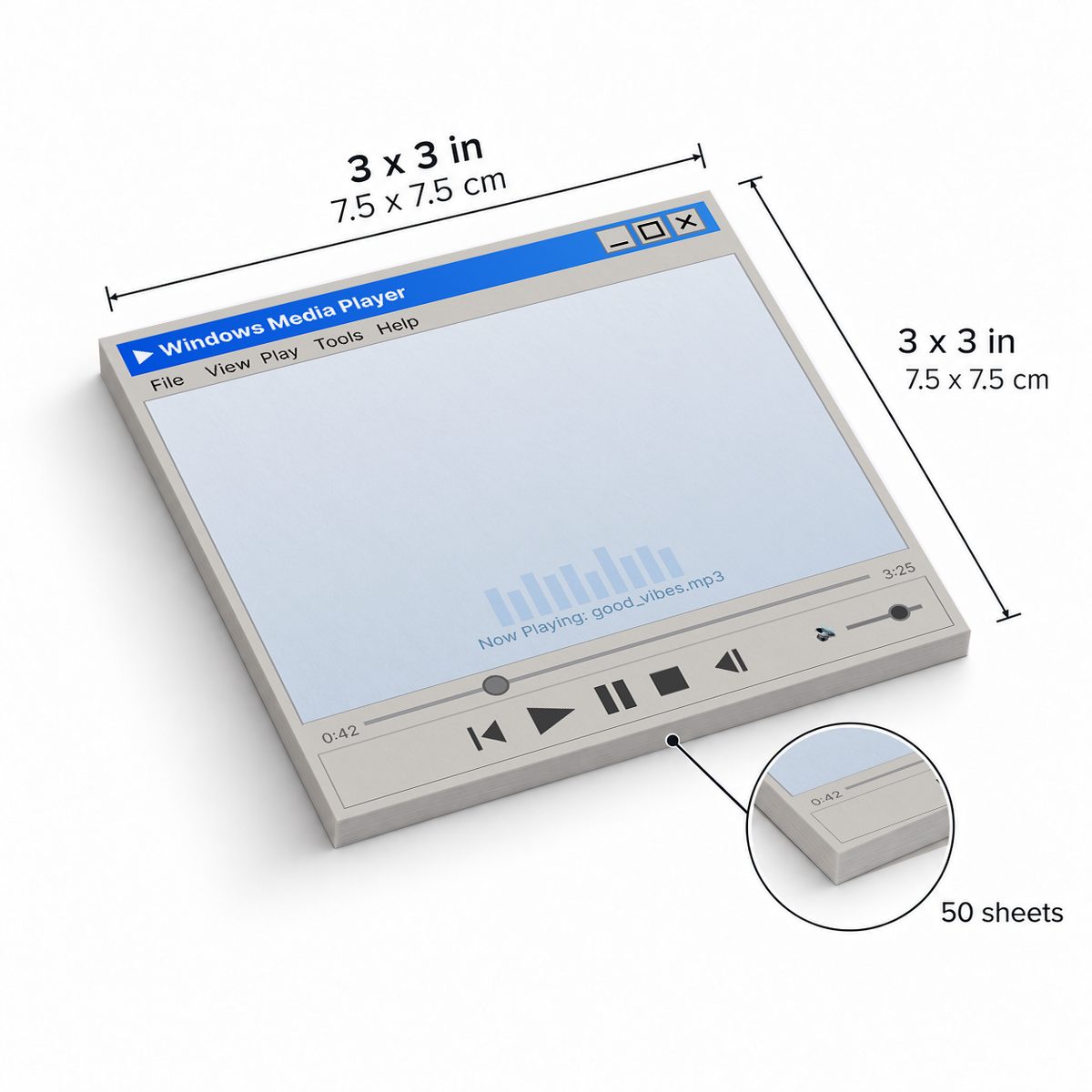 Retro Media Player Sticky Notes - Good Vibes sticky notes, 3x3 in (7.5 x 7.5 cm), 50 sheets