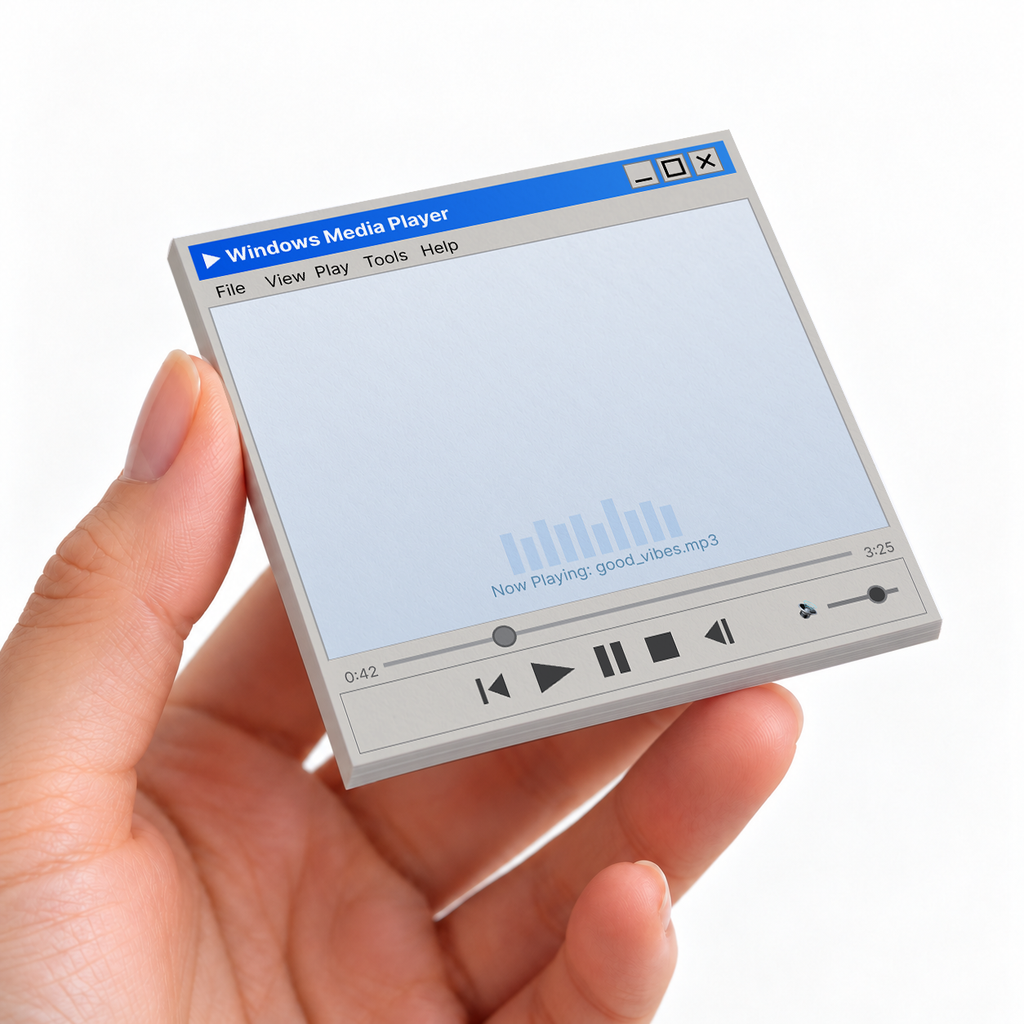 Retro Media Player Sticky Notes - Good Vibes sticky note pad on a desk with stationery