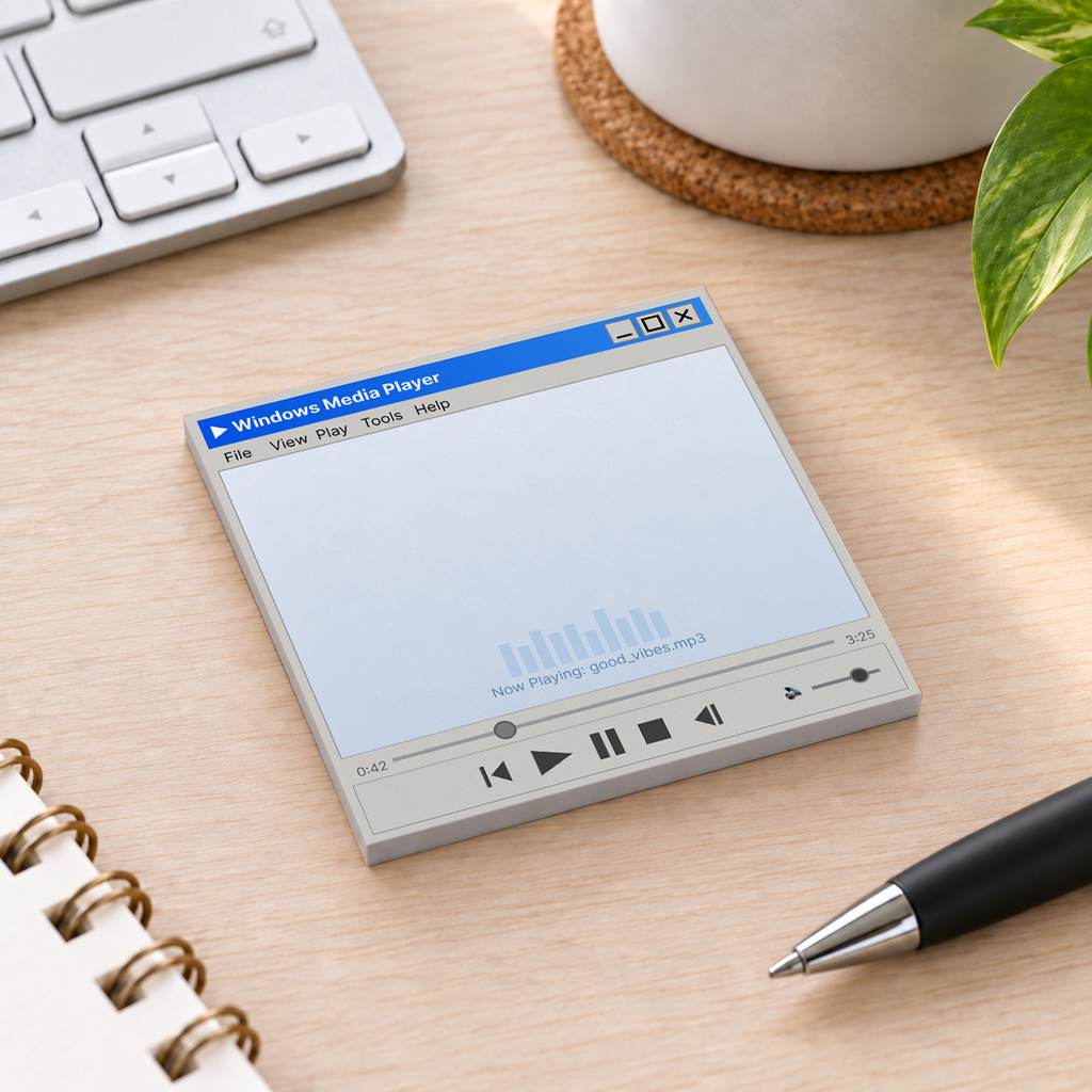 Close-up of Retro Media Player Sticky Notes - Good Vibes sticky note design and writable area