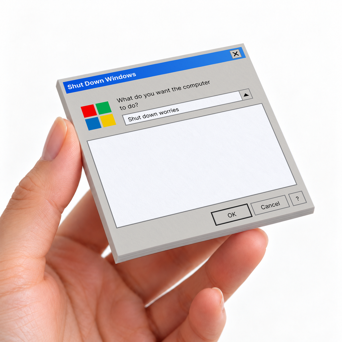 Shut Down Worries Y2K Memo Pad - Retro Computer Design sticky note pad on a desk with stationery