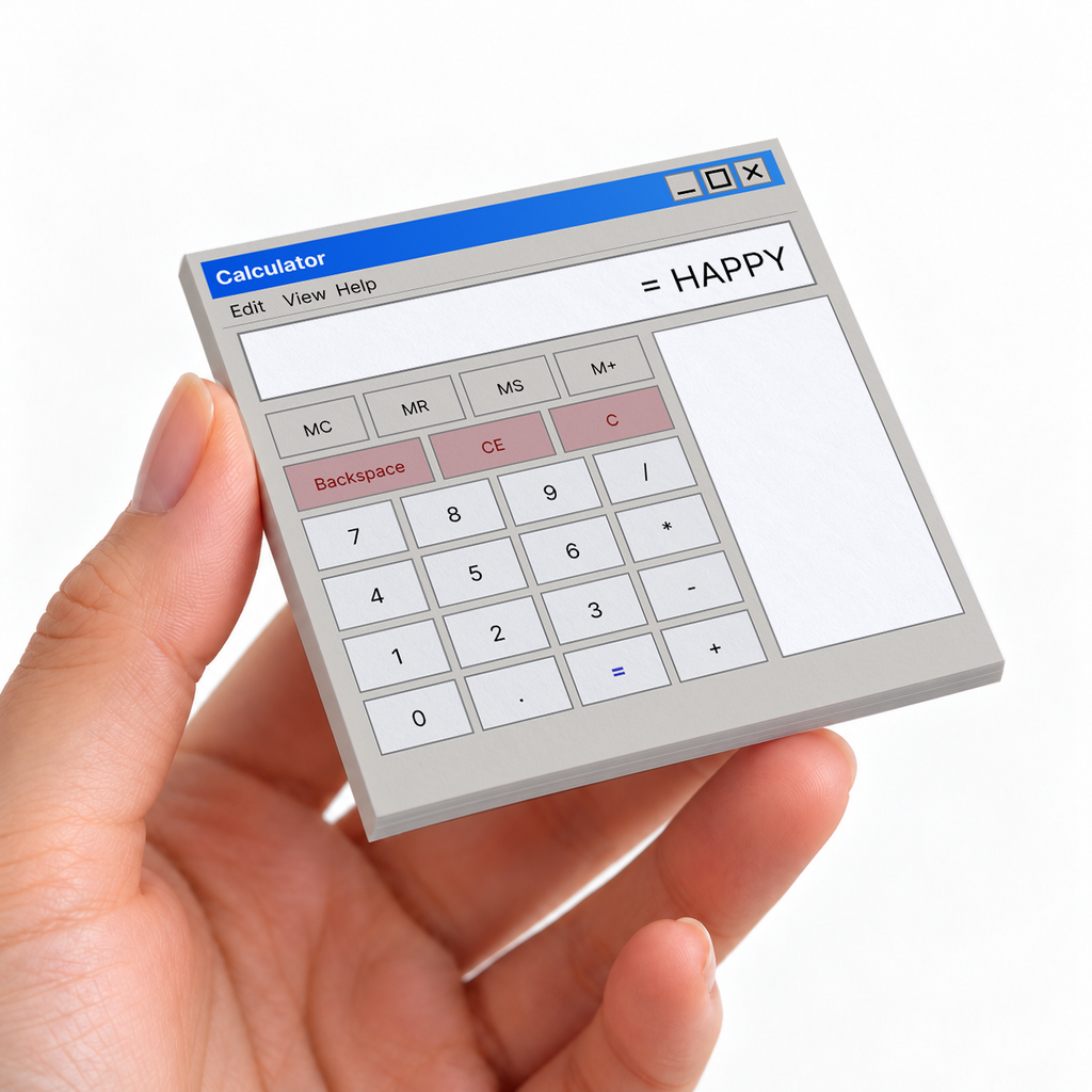 Retro Calculator Sticky Notes - Happy Equation Design sticky note pad on a desk with stationery