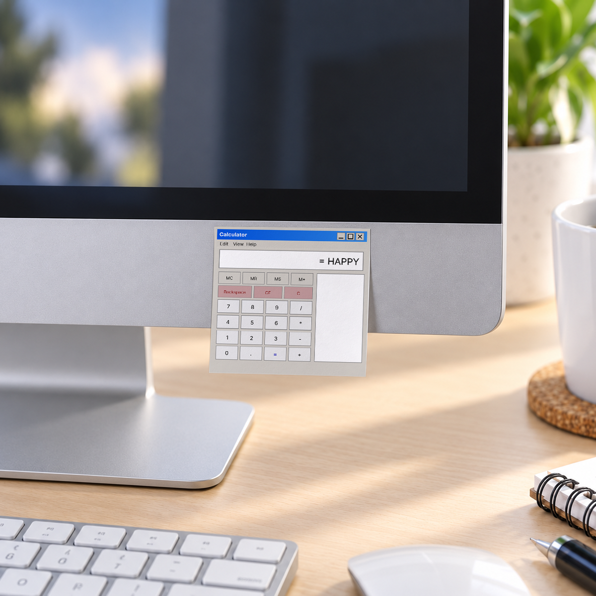 Retro Calculator Sticky Notes - Happy Equation Design memo pad in an office or home workspace