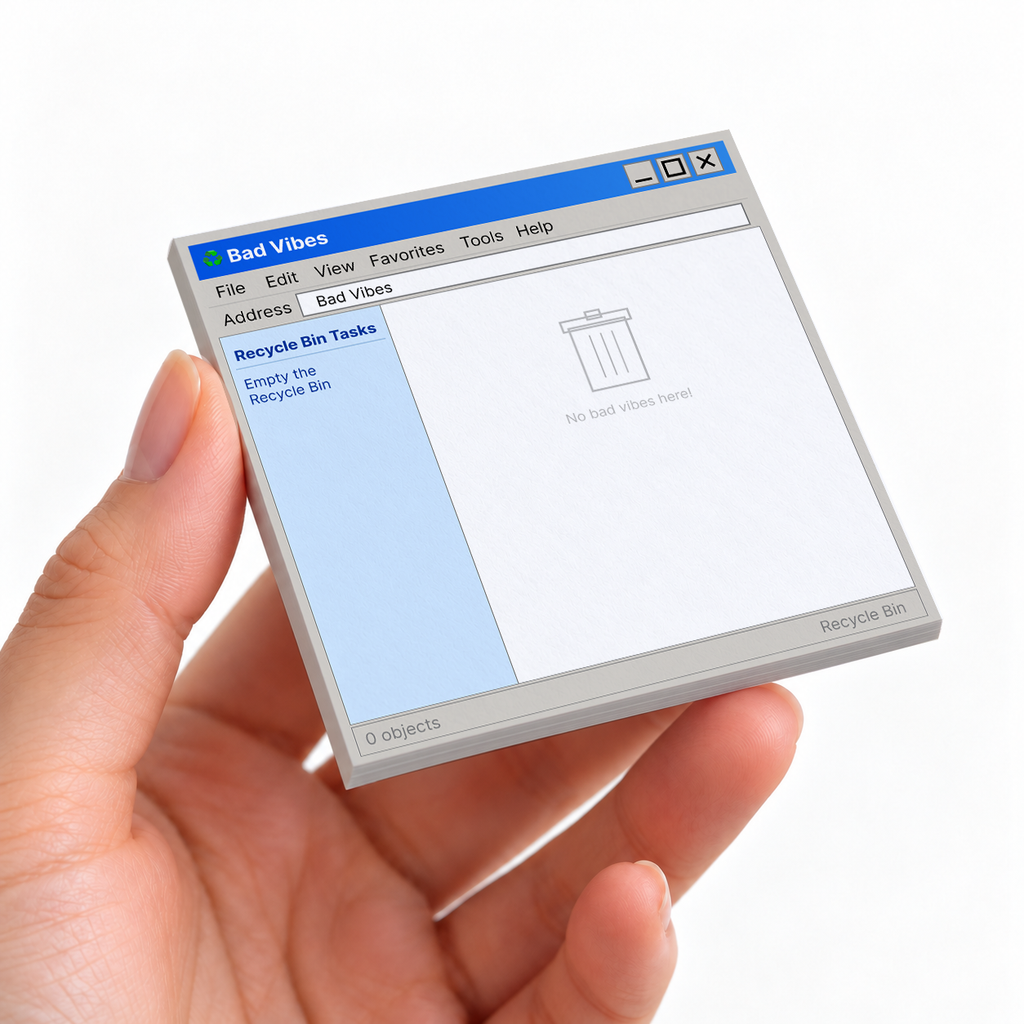 Bad Vibes Recycle Bin sticky note pad on a desk with stationery