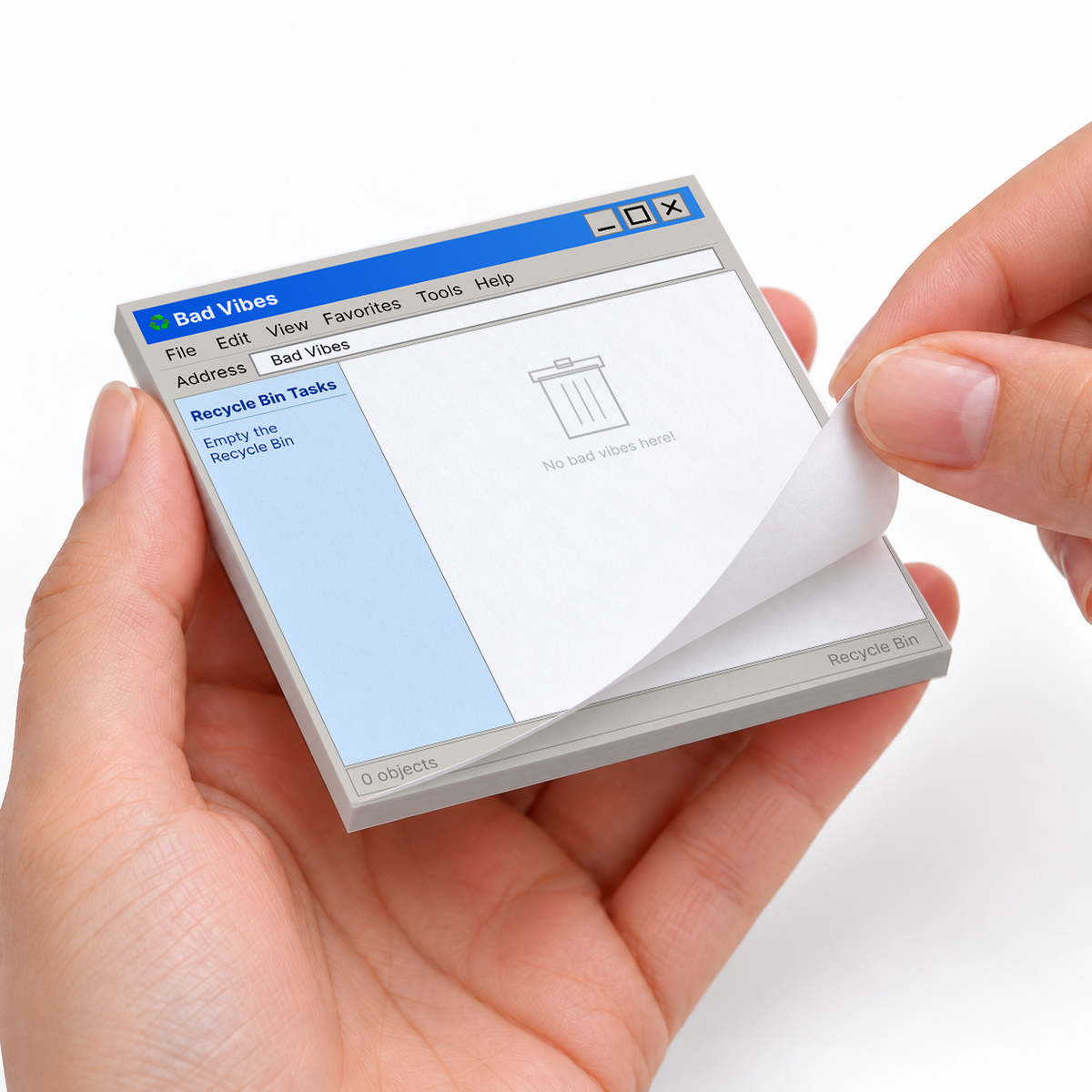 Bad Vibes Recycle Bin sticky notes styled with a planner and desk accessories