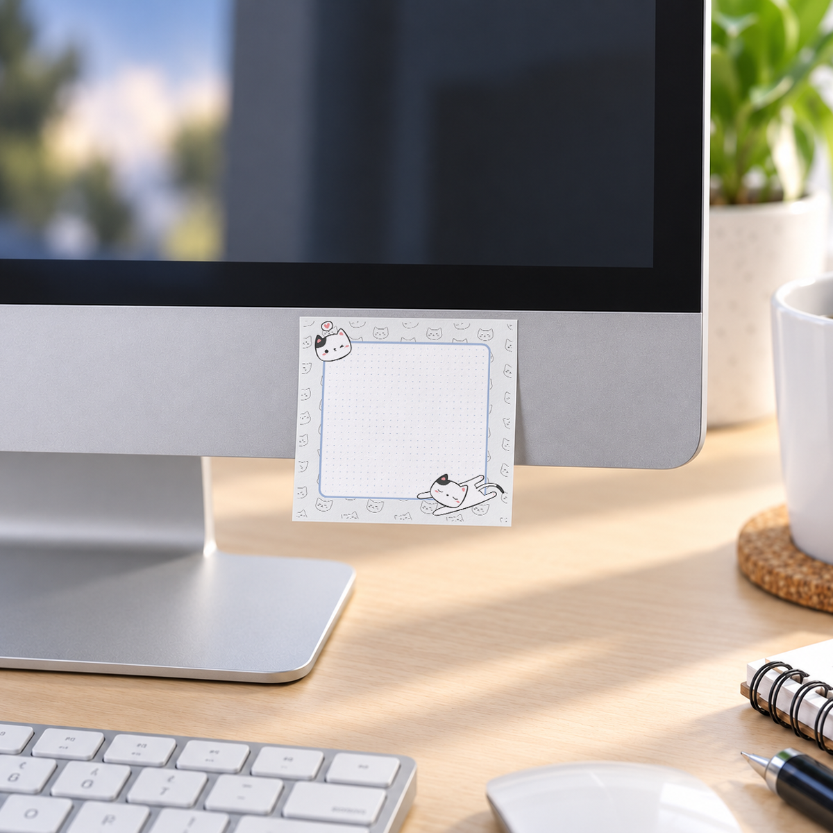 Stretching Cat Dotted Grid memo pad in an office or home workspace
