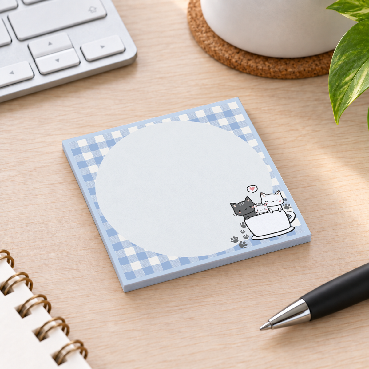 Close-up of Cats in a Teacup Circular sticky note design and writable area