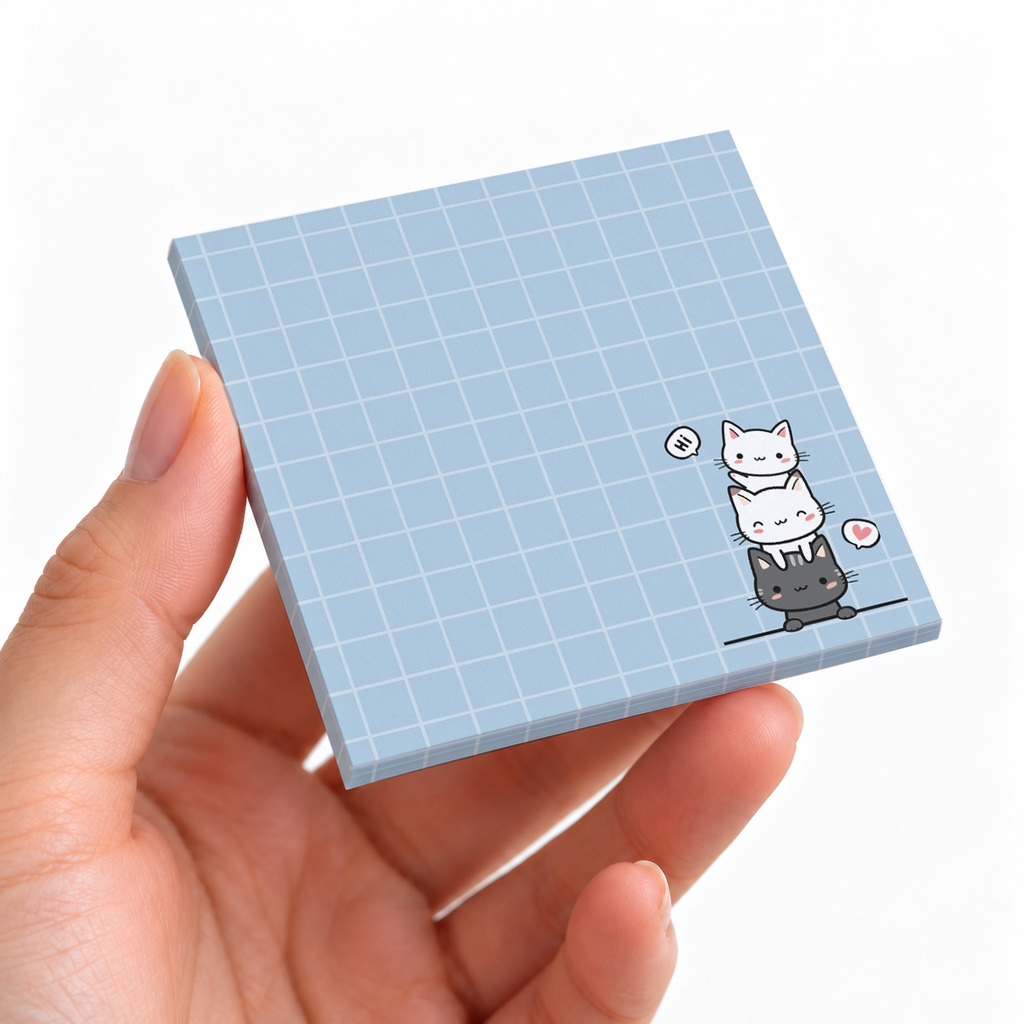 Stacked Cats Grid sticky note pad on a desk with stationery
