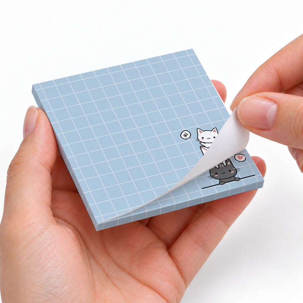 Stacked Cats Grid sticky notes styled with a planner and desk accessories