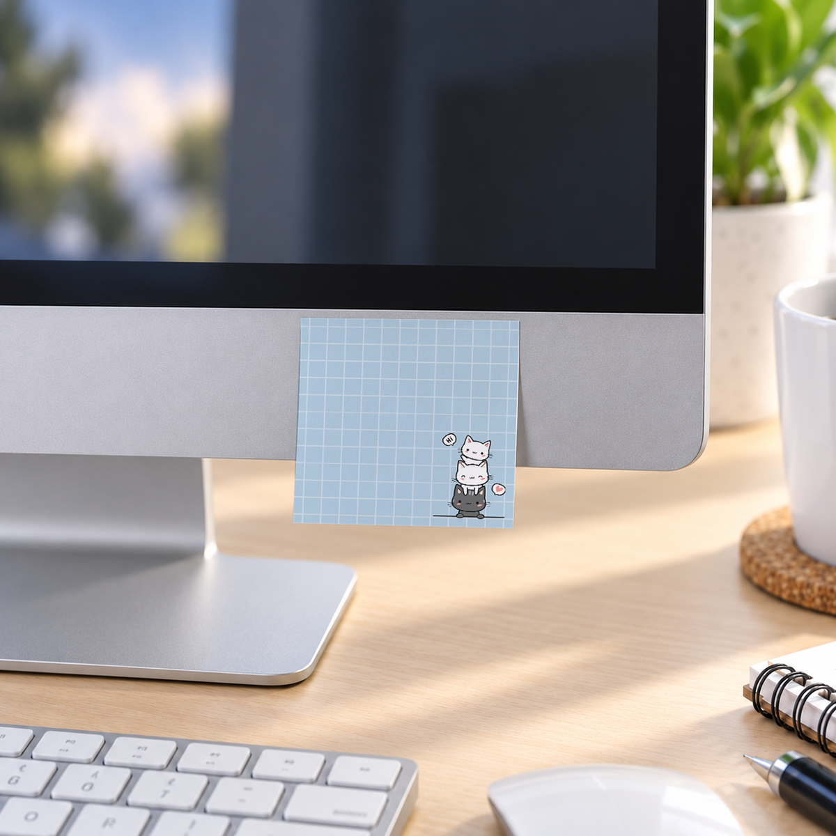 Stacked Cats Grid memo pad in an office or home workspace