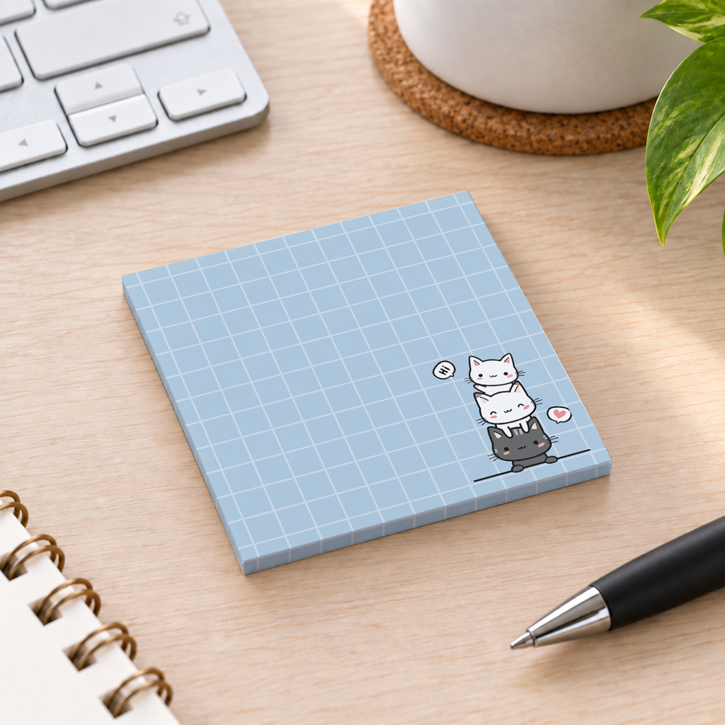 Close-up of Stacked Cats Grid sticky note design and writable area