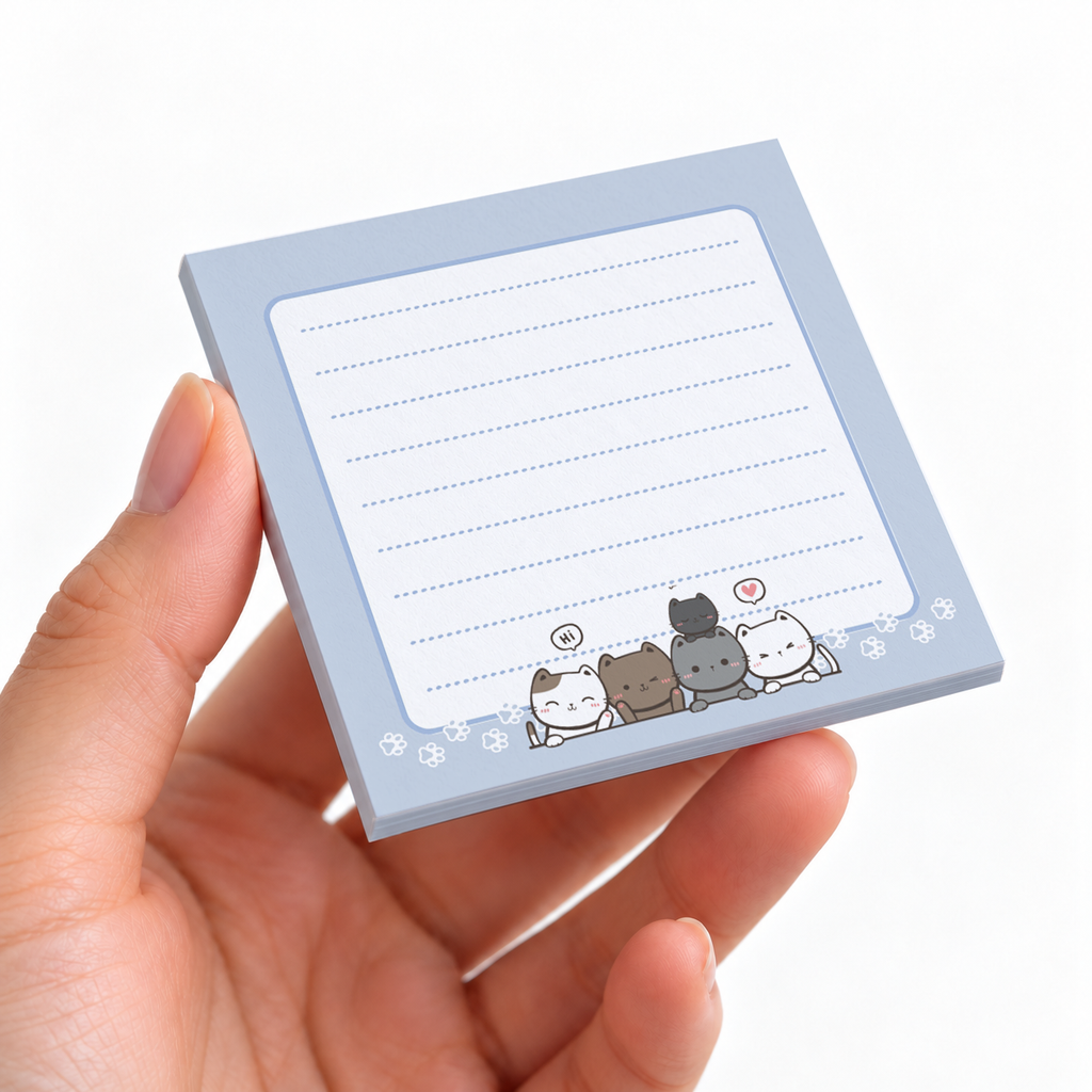 Kitten Lineup Lined sticky note pad on a desk with stationery