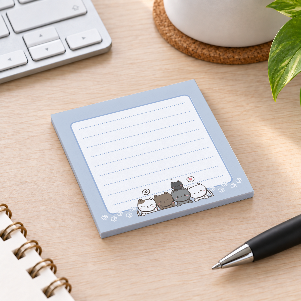 Close-up of Kitten Lineup Lined sticky note design and writable area