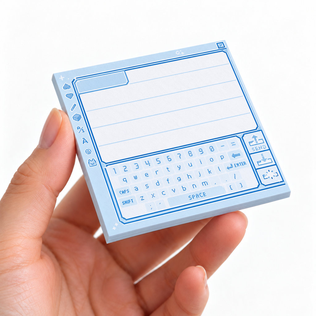 Retro Blue Pixel Chat Box sticky note pad on a desk with stationery