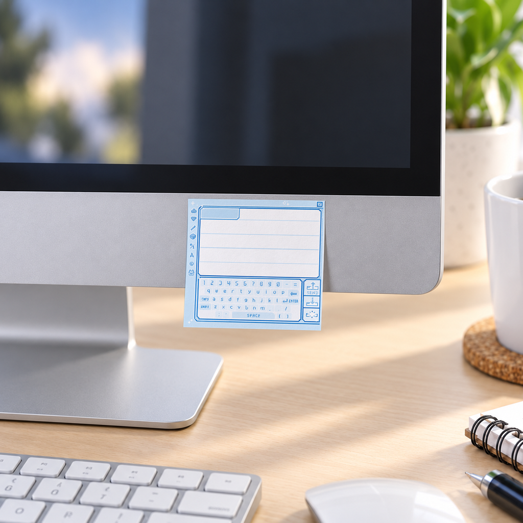 Retro Blue Pixel Chat Box memo pad in an office or home workspace