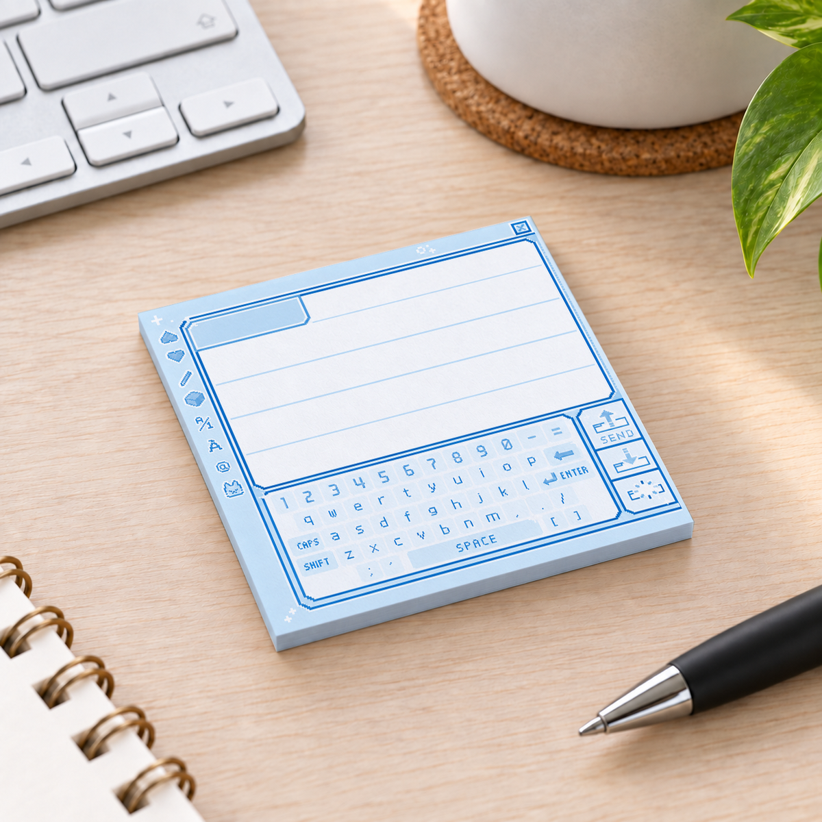 Close-up of Retro Blue Pixel Chat Box sticky note design and writable area