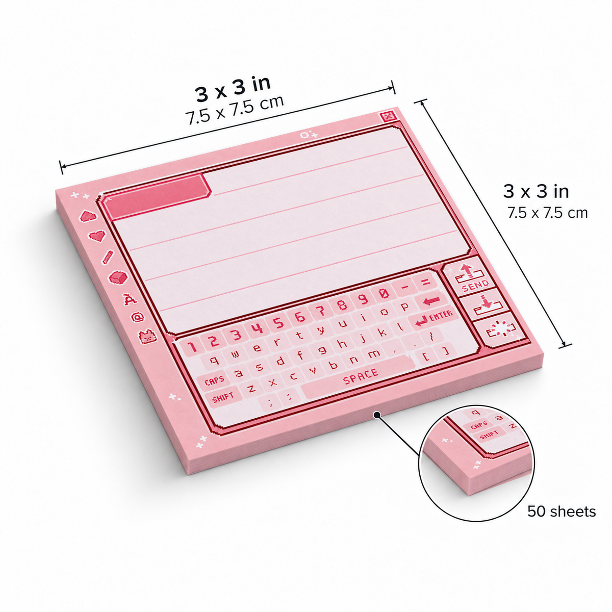 Kawaii Pink Pixel Chat Interface sticky notes, 3x3 in (7.5 x 7.5 cm), 50 sheets