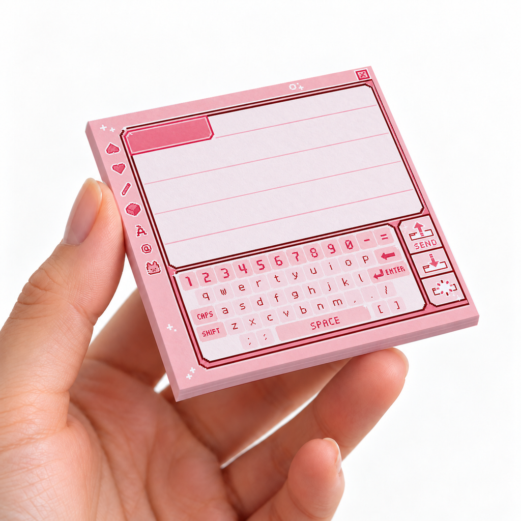 Kawaii Pink Pixel Chat Interface sticky note pad on a desk with stationery