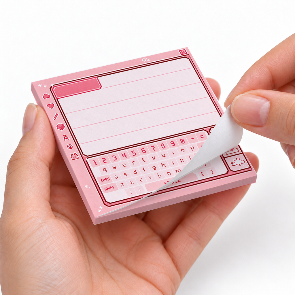 Kawaii Pink Pixel Chat Interface sticky notes styled with a planner and desk accessories