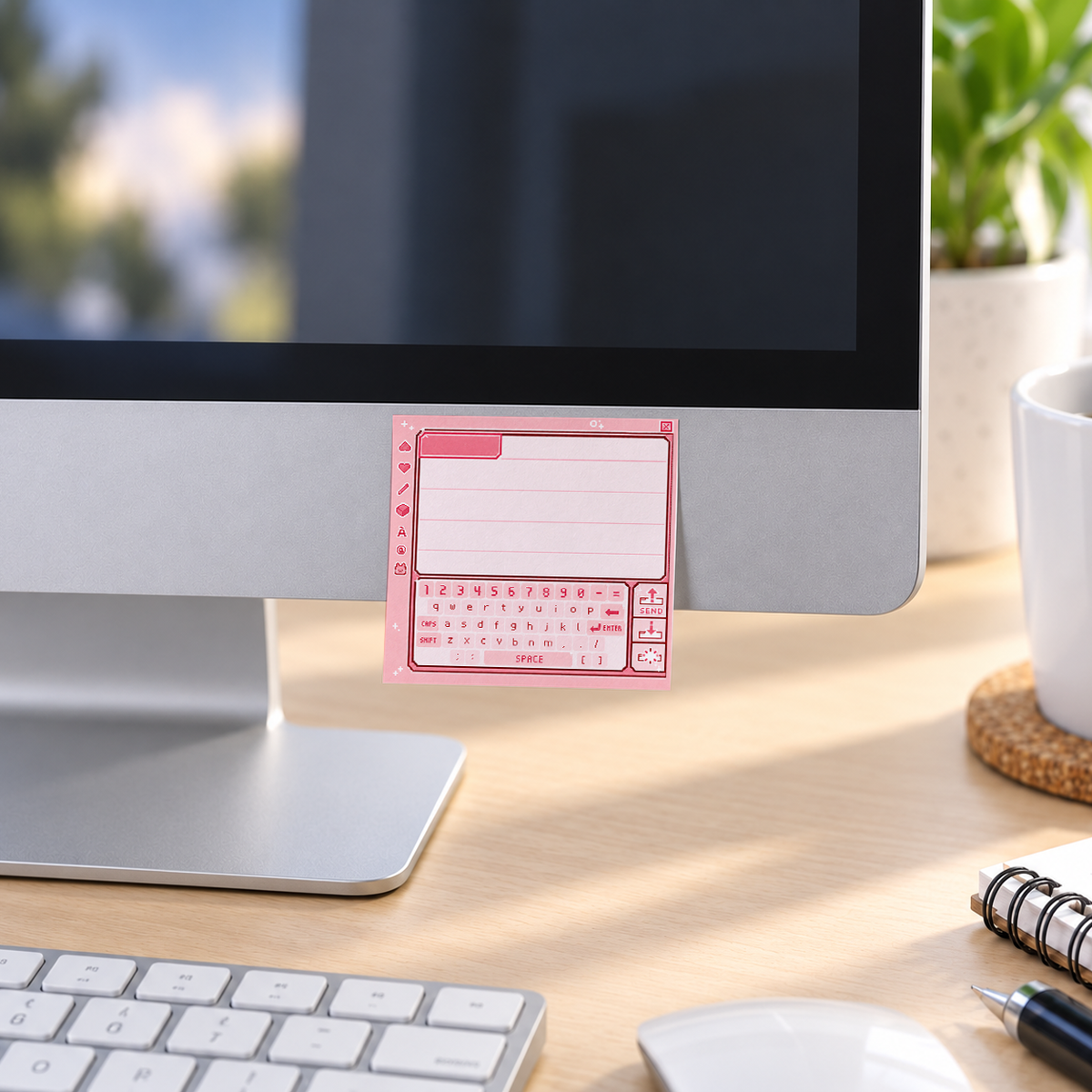 Kawaii Pink Pixel Chat Interface memo pad in an office or home workspace