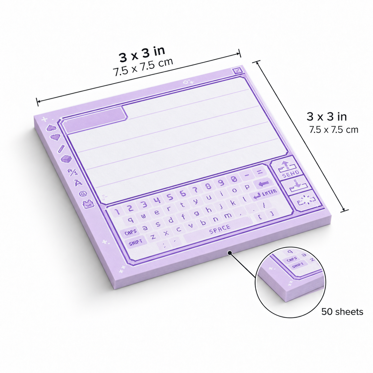 Pastel Purple Retro Pixel Keyboard sticky notes, 3x3 in (7.5 x 7.5 cm), 50 sheets