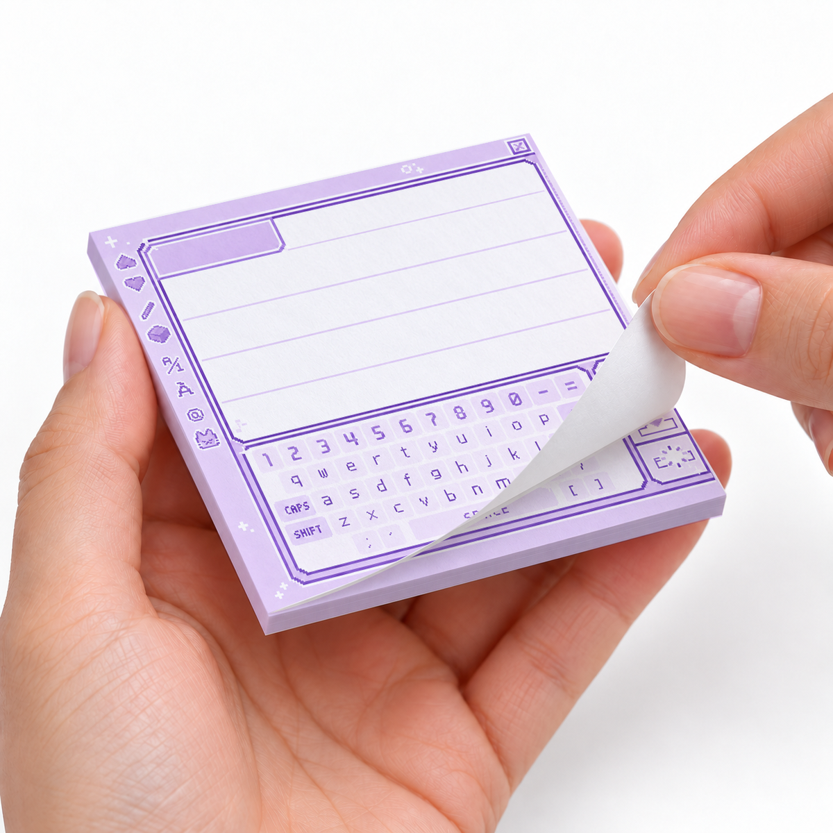 Pastel Purple Retro Pixel Keyboard sticky notes styled with a planner and desk accessories