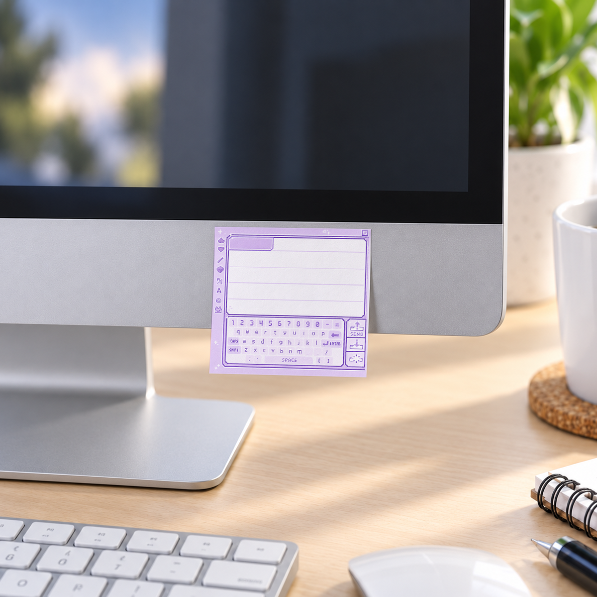Pastel Purple Retro Pixel Keyboard memo pad in an office or home workspace