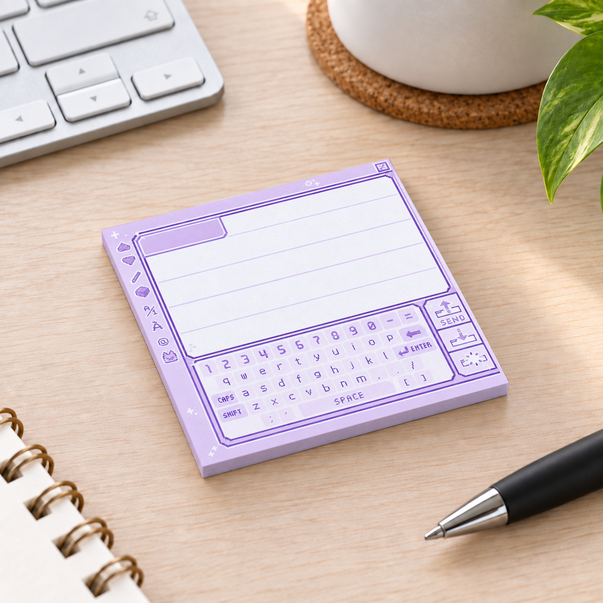 Close-up of Pastel Purple Retro Pixel Keyboard sticky note design and writable area