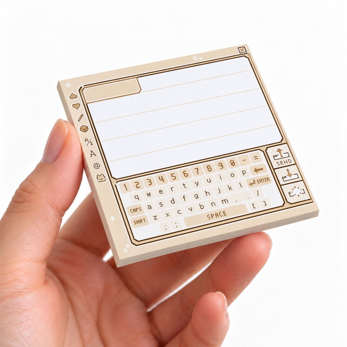 Sepia Pixel Art Chat Message sticky note pad on a desk with stationery