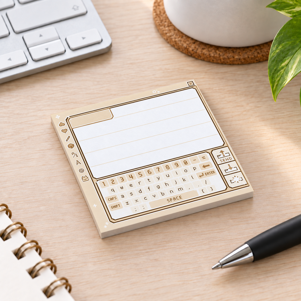 Close-up of Sepia Pixel Art Chat Message sticky note design and writable area