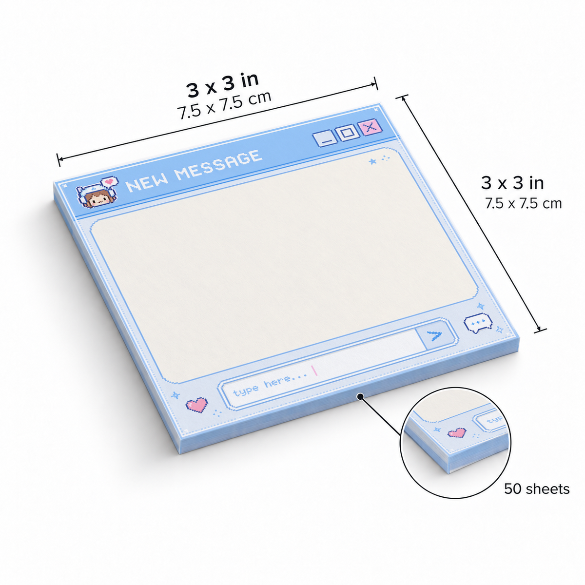 Pastel Blue Pixel Art New Message sticky notes, 3x3 in (7.5 x 7.5 cm), 50 sheets
