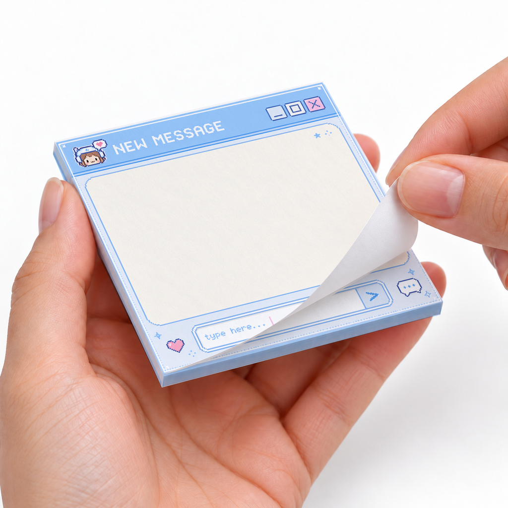Pastel Blue Pixel Art New Message sticky notes styled with a planner and desk accessories