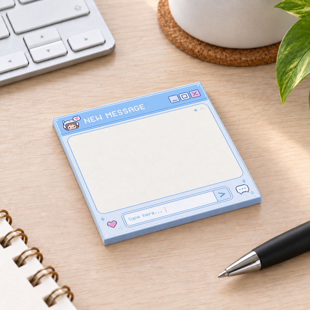 Close-up of Pastel Blue Pixel Art New Message sticky note design and writable area